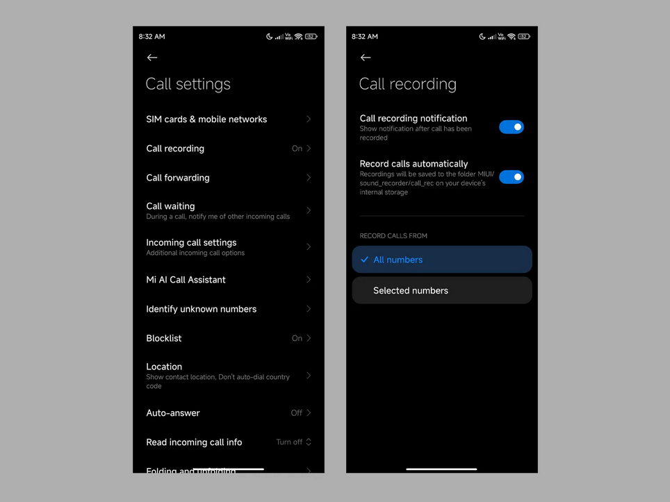 Xiaomi viedtālruņa ekrānuzņēmumi, kuros redzama zvanu ierakstīšanas iestatījumu izvēlne